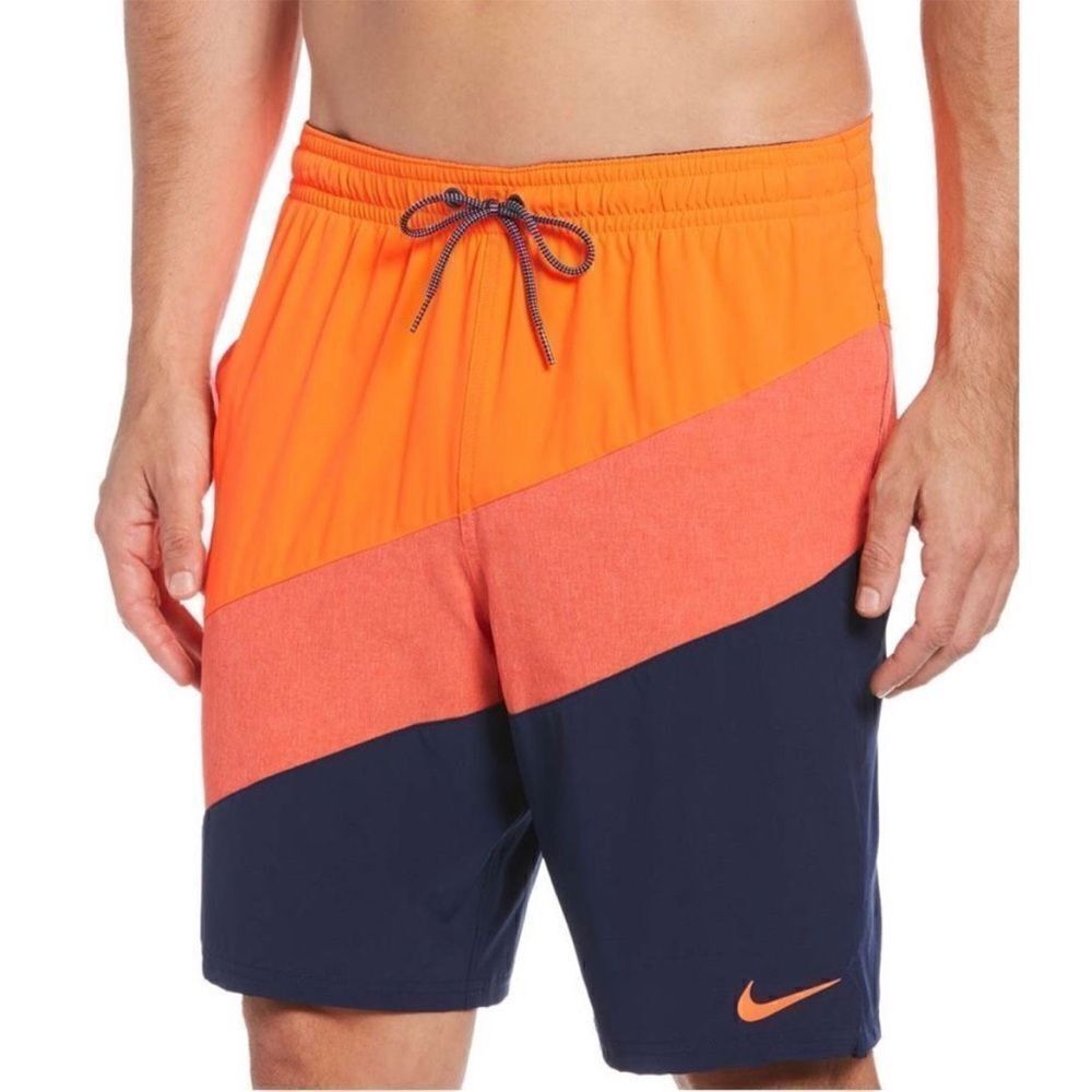 Nike Total Orange & Blue Color block Strip Volley Swim Shorts Size Large NWOT